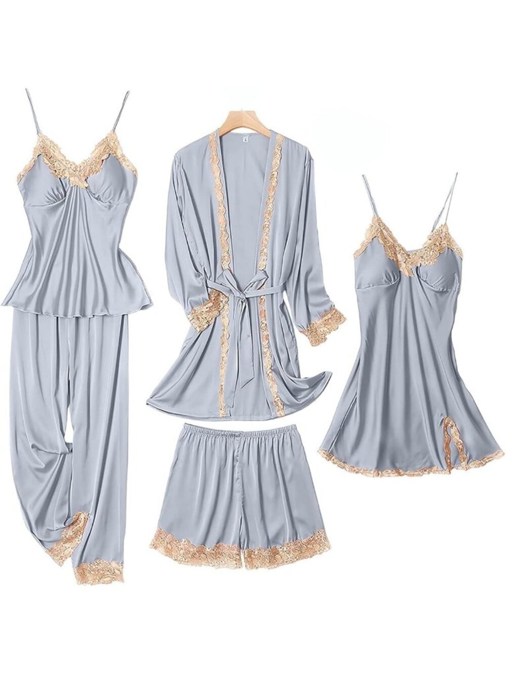 Silk Pajama Set for Women - 5PCS Lightweight Satin Robes & Lace Shorts